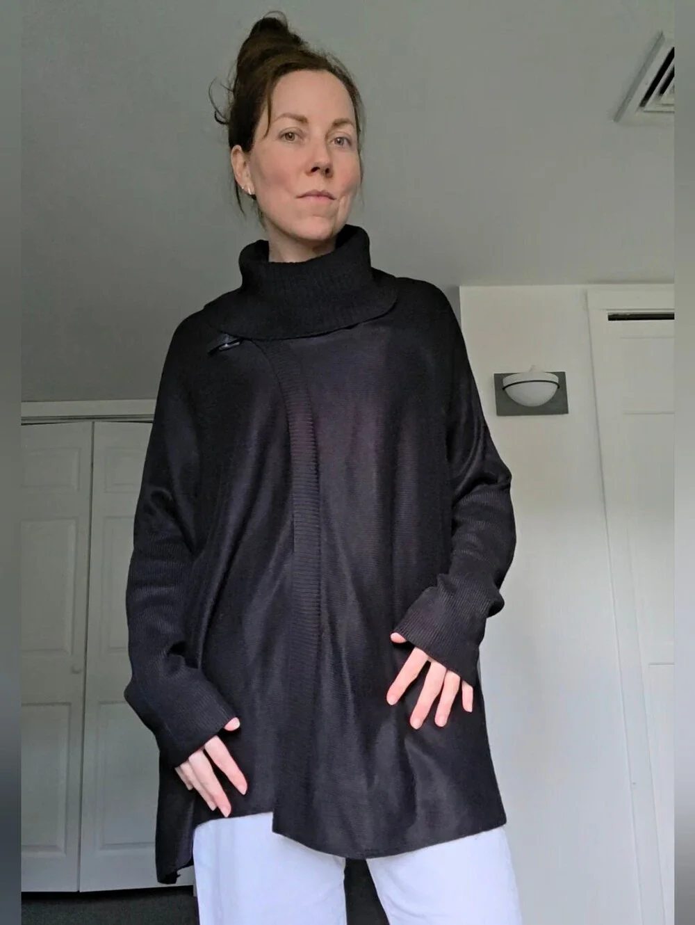 Calvin Klein Black Cowl Neck Convertible Buckle Poncho Sweater Wrap L XL